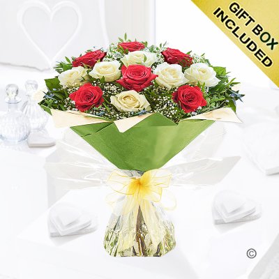 12 Mixed Red and White Rose Hand-tied with gypsophila Code JGF945012RW | Local delivery or collect from our shop only
