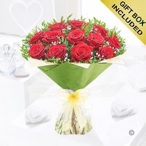 12 Red rose hand-tied with gypsophila  Code: JGF945012RR | Local delivery or collect from our shop only