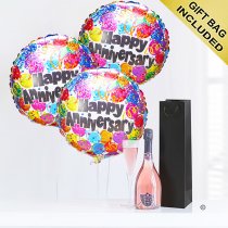 Happy anniversary sparkling ros&eacute; wine and balloons party Code: JGFA1HASRW | Local Delivery Or Collect From Shop Only
