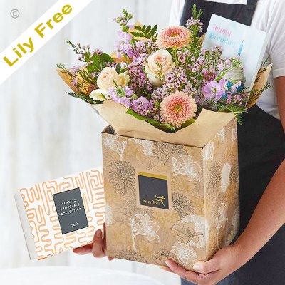 Happy Birthday lily free hand-tied bouquet with chocolates and card Code: LFBBDL1 | National delivery and local delivery or collect from our shop